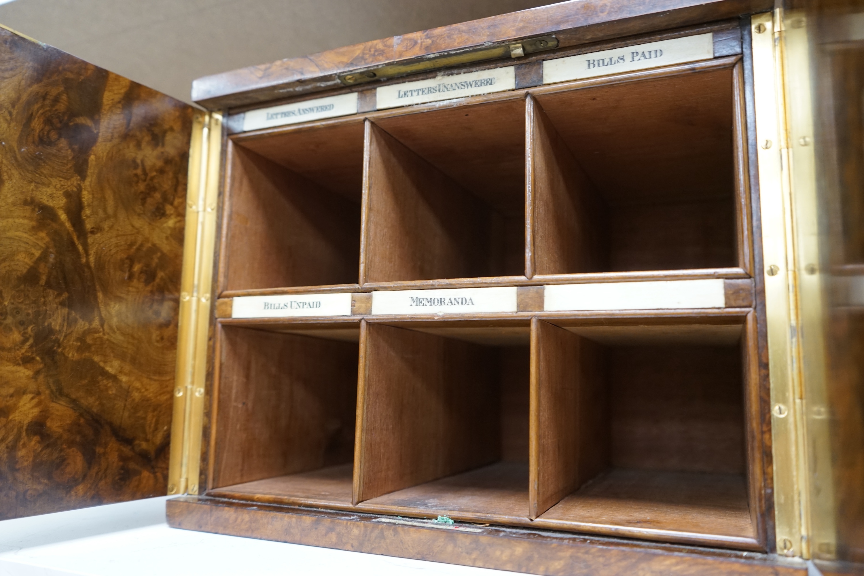 A Victorian burr walnut stationery cabinet, with ivory labels, 25cm high x 30cm wide. CITES Submission reference 1WX6H7C8. Condition - fair to good